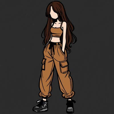 girl in baggy pants crop top and long hair