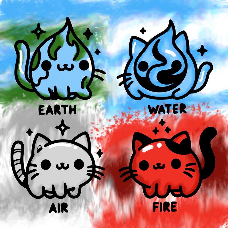 4 cats that represent the different elements, earth, water, air, and fire