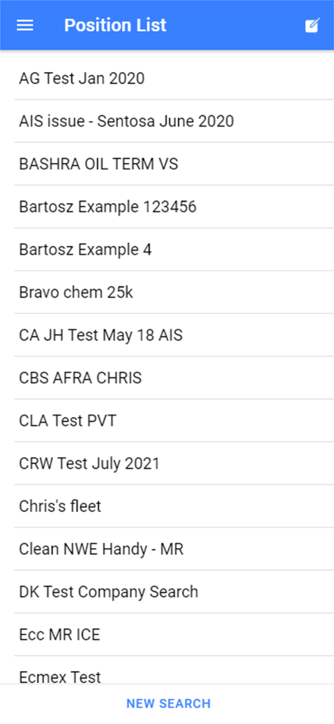 Interface showing a list of ship positions and search results for maritime shipping professionals