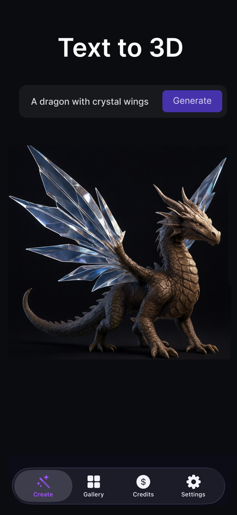 テキストプロンプトから生成されたクリスタルの翼を持つ3Dドラゴンを表示するモバイルアプリのインターフェイス。