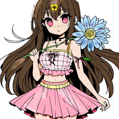 anime girl holding a flower wearing a skirt and crop top