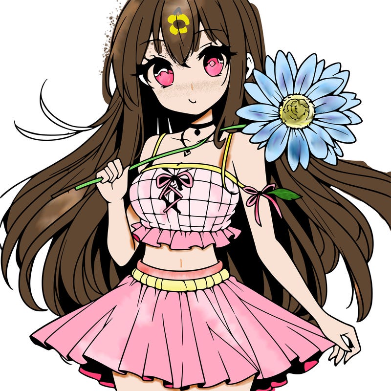 anime girl holding a flower wearing a skirt and crop top