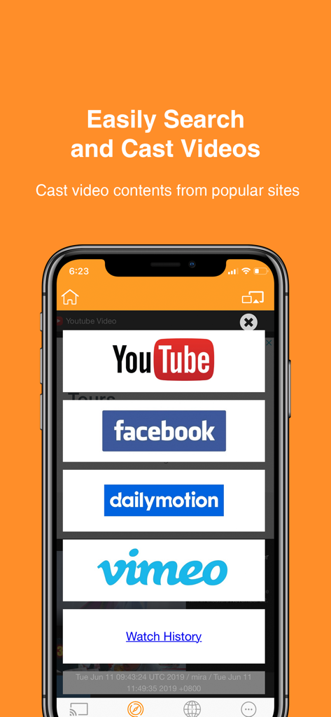 Interfaz de la aplicación EZMira para transmitir videos de YouTube, Facebook y Vimeo