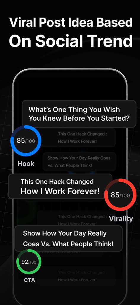 Flibbo AI - Video Image Maker - Flibbo AI app displaying viral post ideas with hook and engagement scores