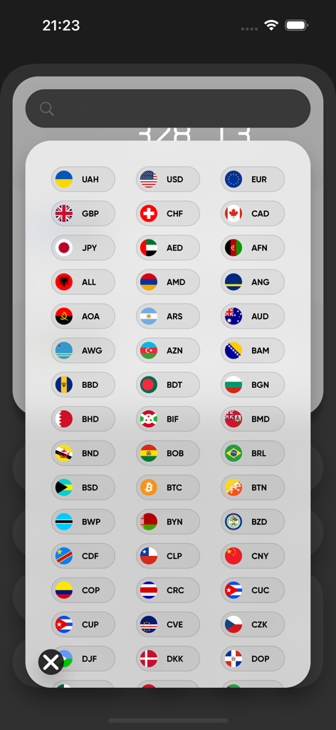 2Convert – Currency Converter - Currency selection menu with country flags and codes