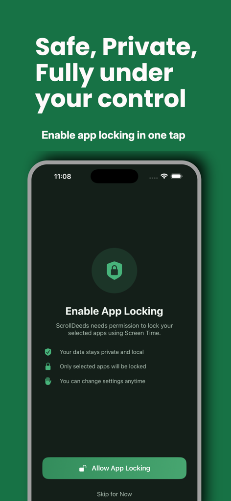 Scrolldeeds - A screenshot showing the Scrolldeeds app setup screen for private and safe app locking.