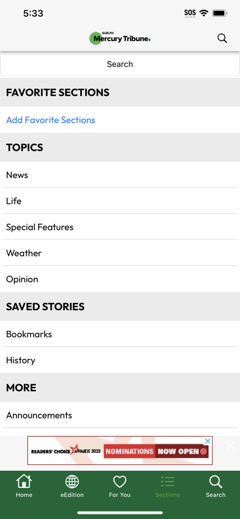 Guelph Mercury Tribune app navigation menu showing news topics and saved stories