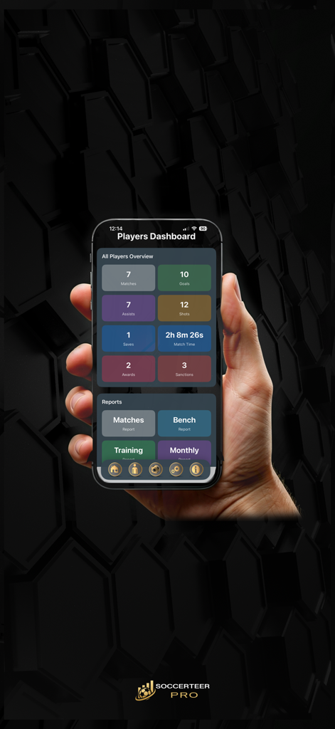 Soccerteer Pro - Panel de control de jugadores de Soccerteer Pro que muestra estadísticas e informes de fútbol