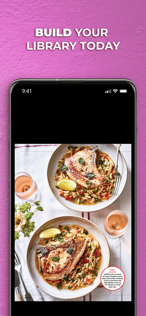 Woman Magazine - La aplicación Woman Magazine mostrando una página de recetas de comida en un smartphone con el texto construye tu biblioteca hoy