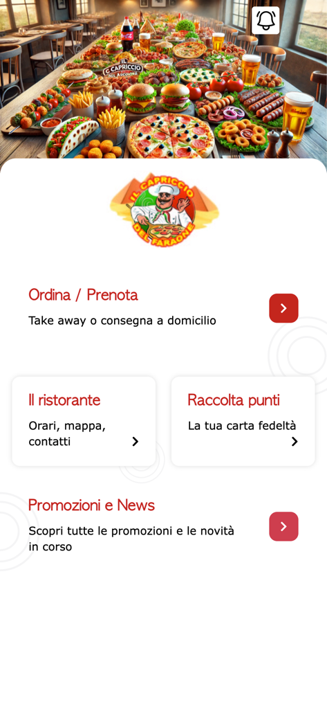 Il Capriccio del Faraone - Pantalla de inicio de la app móvil Il Capriccio del Faraone mostrando opciones de entrega y programa de fidelidad.