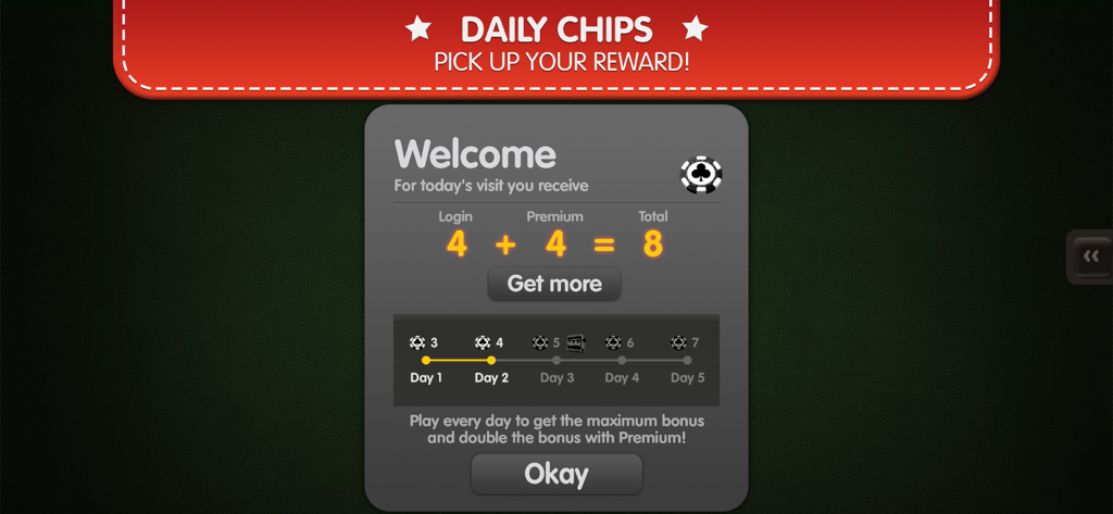 Spider Solitaire Palace - Pantalla de recompensa de fichas diarias en Spider Solitaire Palace que muestra bonificaciones de inicio de sesión y premium