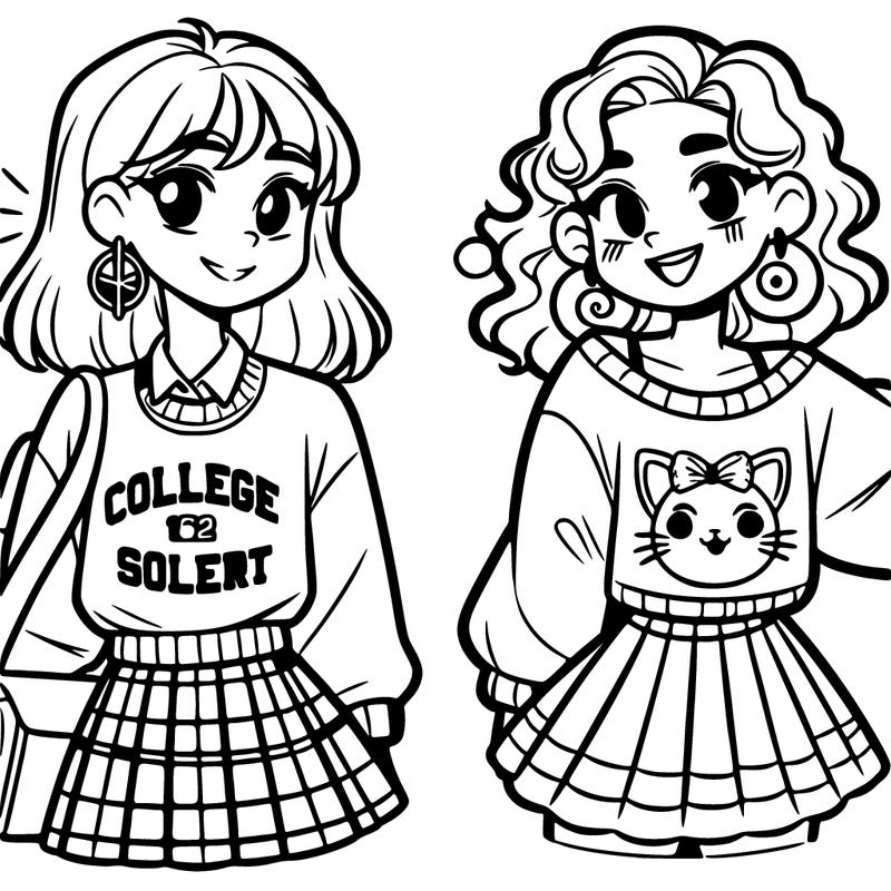 a teen girl with a college sweater and skirt with her friend who has curly hair and she has big earrings