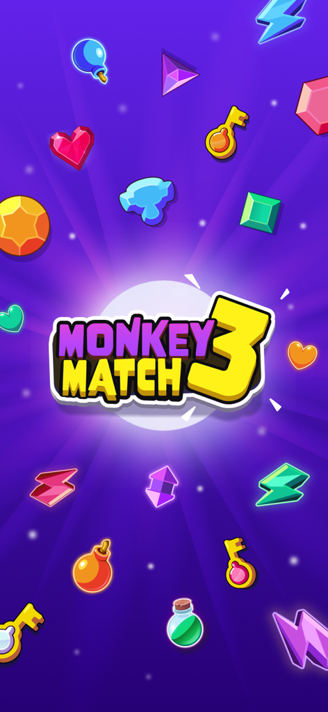Monkey Match: Earn money game - Logo for Monkey Match 3 game with various colorful icons like gems hearts and bombs on a purple background
