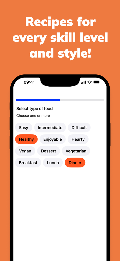 Interface of the whichFood app showing options to select recipe difficulty and food styles like healthy or vegan.
