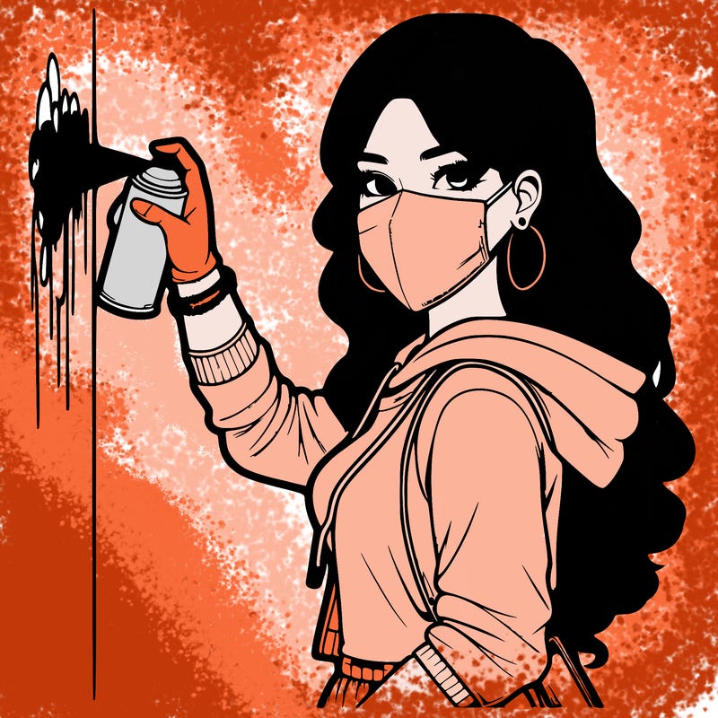 realistic girl with mask spray painting a wall