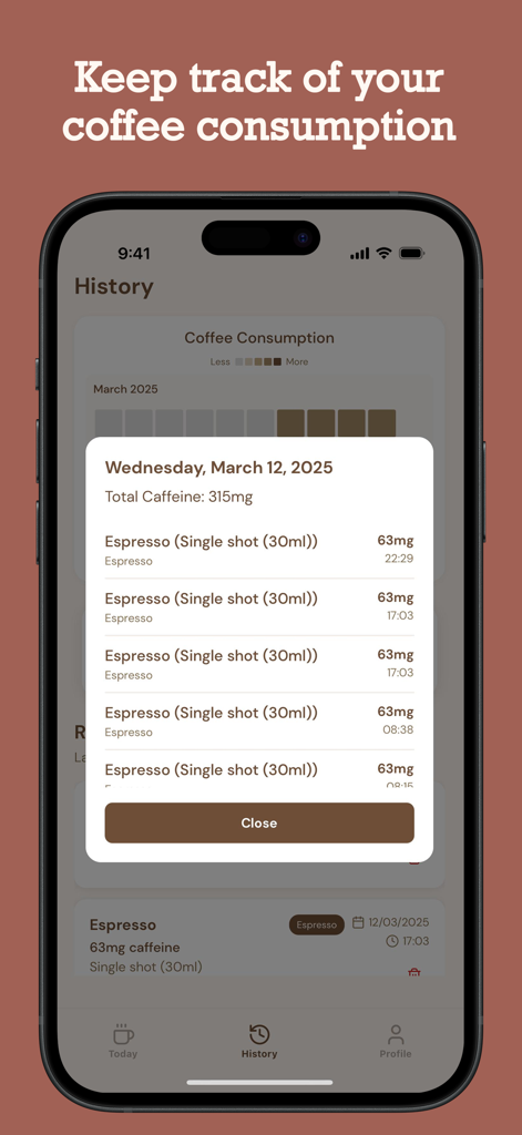 A mobile app interface displaying a detailed history of daily coffee consumption and total caffeine intake for a specific date.
