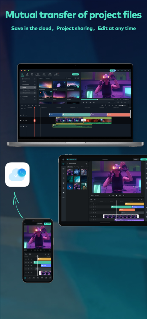 Filmora HD video editing project synced across iPhone iPad and Mac via cloud