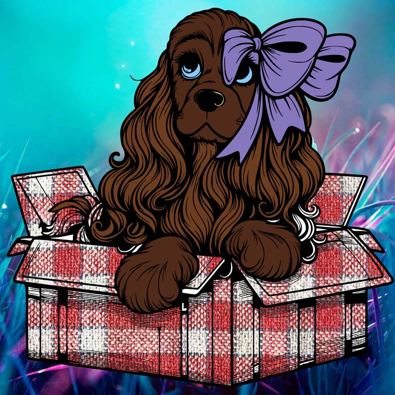 a spaniel american cocker with a beautiful bow coming out if a box realistic cute