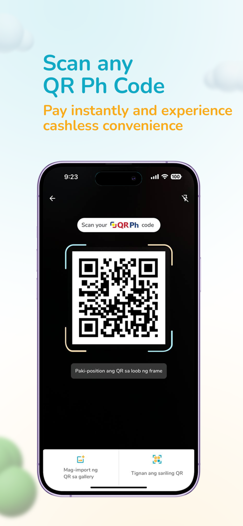 RCBC DiskarTech Savings - Interface do aplicativo RCBC DiskarTech mostrando o recurso de digitalização de código QR Ph para pagamentos instantâneos sem dinheiro.