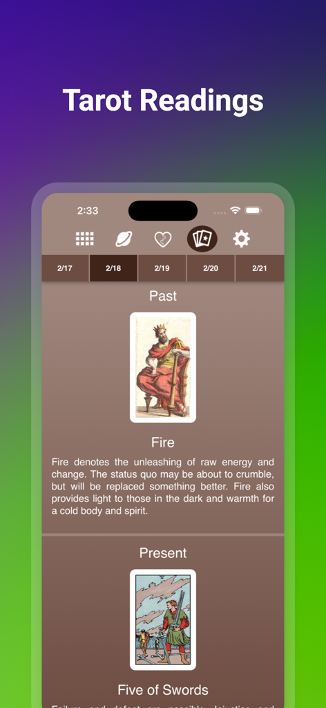 Pantalla de lecturas de tarot en la aplicación Horóscopo que muestra interpretaciones de cartas para el pasado y el presente.