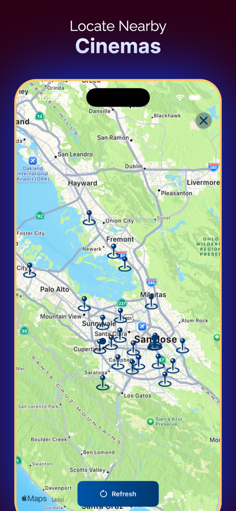 Map interface showing nearby cinema locations and theater pins in the Inat TV app