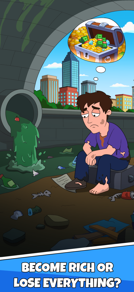 A homeless character dreaming of a treasure chest full of money and gold in the Idle Guy life simulator game