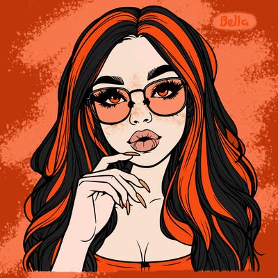 realistic girl who has freckles and glasses and long hair and long nails with big lips
