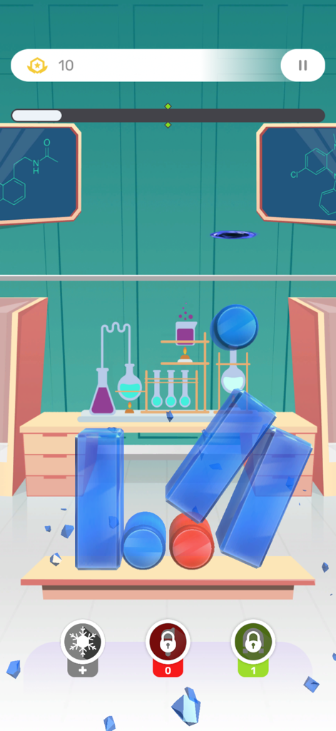 Glass Tower 2025 - Gameplay screenshot of Glass Tower 2025 showing a laboratory themed level with blue glass blocks and lab equipment