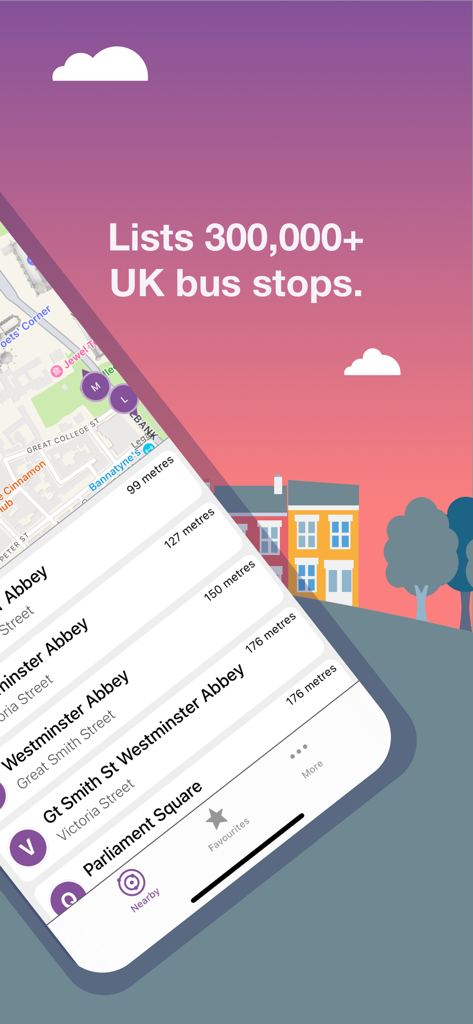 Bus Times UK Live checker app - La aplicación Bus Times UK muestra las paradas de autobús cercanas y las distancias en un mapa