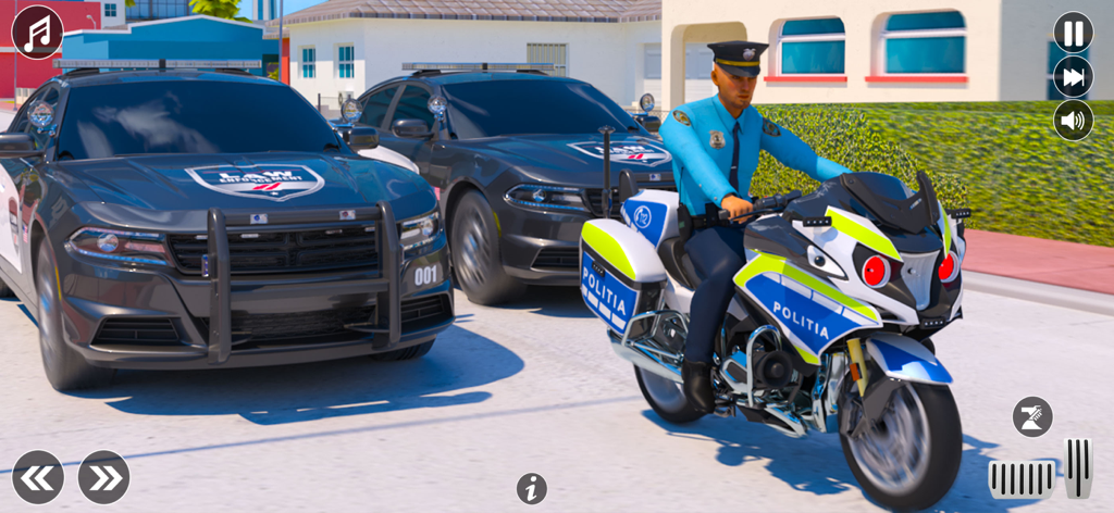 Police Simulator: Car Chase 3D - Gameplay screenshot showing police cars and an officer on a motorcycle