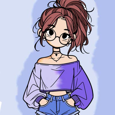 girl with a messy ponytail glasses a baggy crop top and jean shorts