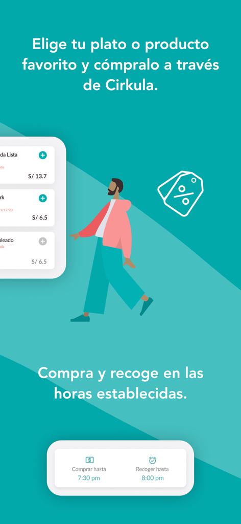 Cirkula - Interfaz de la aplicación Cirkula que muestra cómo comprar y recoger artículos de comida excedente con descuento dentro de ventanas de tiempo específicas.