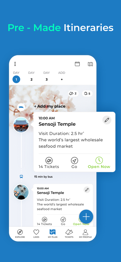 Visit A City - Visit A City app interface showing a pre-made travel itinerary with daily schedules and sightseeing details for Sensoji Temple