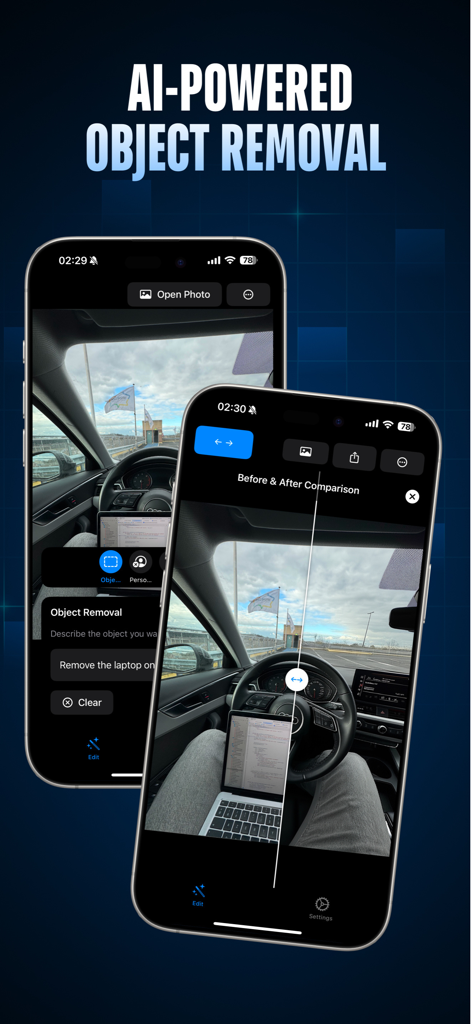 A mobile app screen demonstrating AI powered object removal with a before and after comparison slider of a laptop being removed from a car interior