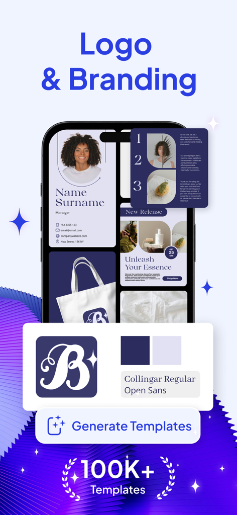 Mobile app screen showing logo and branding design templates for entrepreneurs