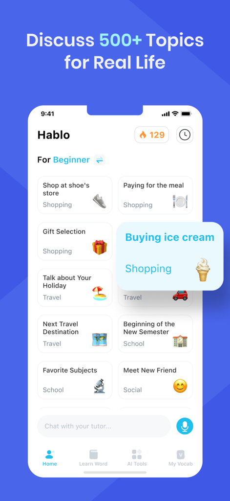 Hablo: Speak & Learn English - Interface of Hablo English learning app showcasing scenario-based conversation topics like shopping and travel