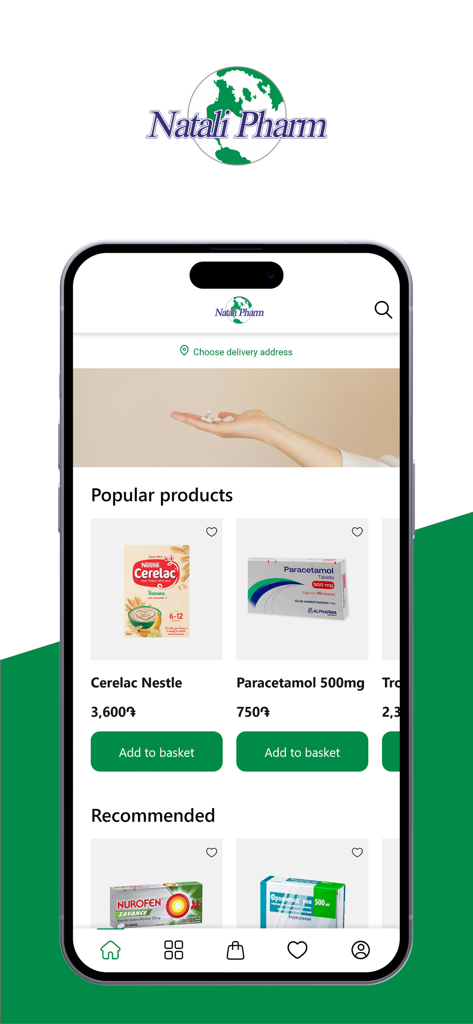 Natali Pharm mobile app interface showing popular medical products and shopping options