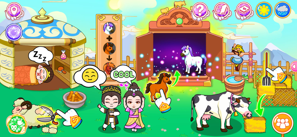 Avatar Life - Magic World - Una colorida escena de personajes cultivando y interactuando con animales en un mundo mágico