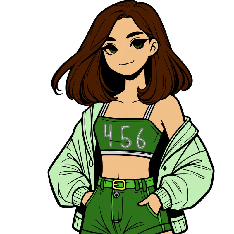 a realistic girl with a crop top and short shorts in an open jacket