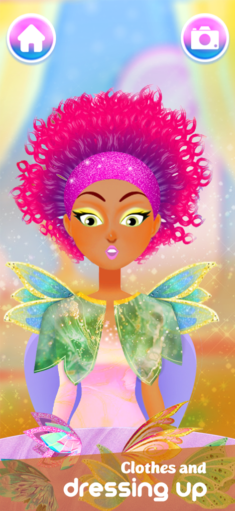 Hair Salon : Beauty Game - A character with curly pink hair and a green fairy outfit in the dressing up screen of Hair Salon Beauty Game