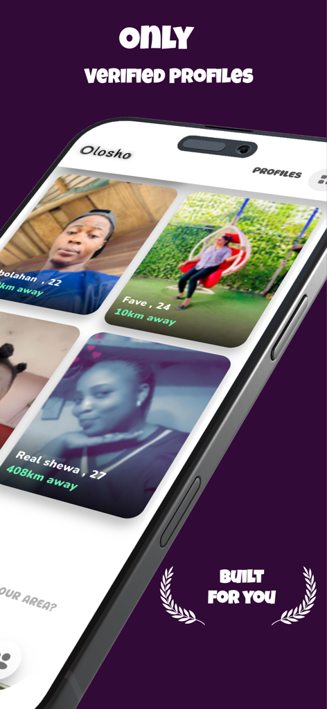 Olosho App - Smartphone screen showing Olosho dating app with verified user profiles