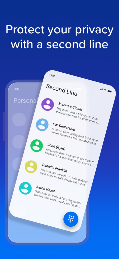 YouMail: Block Spam on iPhone - YouMail app screen showing the second line feature for privacy protection