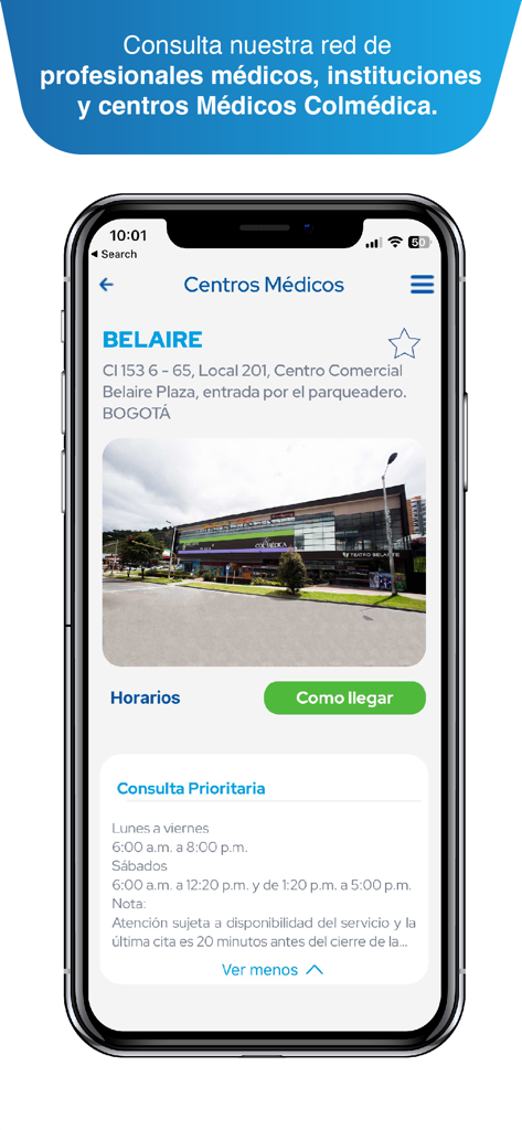 Colmédica - Colmedica mobile app interface showing medical center information and hours in Bogota