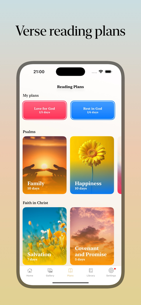 Verse of the day: Daily prayer - Ein Smartphone, das verschiedene Lesepläne für die Bibel mit inspirierenden Hintergrundbildern in der App „Tagesvers“ anzeigt