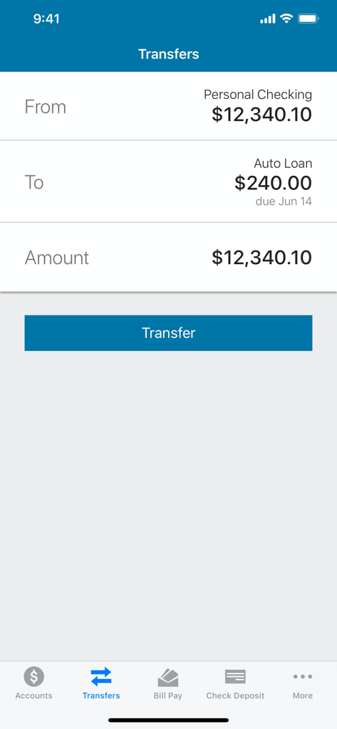A mobile interface for the EECU app showing a fund transfer from a personal checking account to an auto loan.