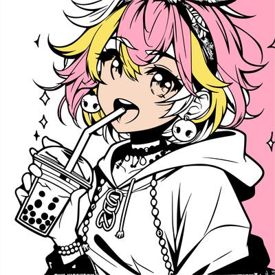 hot baddie anime girl drinking boba and biting the straw