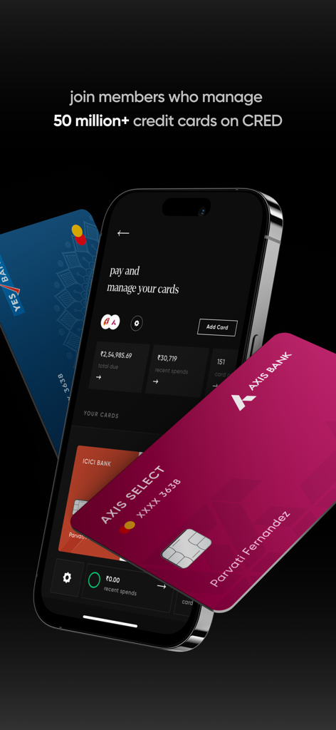 CRED: UPI, Bills, Credit Cards - CRED app screen showing credit card management and payment dashboard on a smartphone.