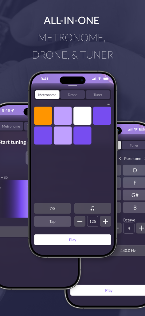 Modacity: Pro Music Practice - Modacity app screenshot showing the integrated metronome drone and tuner interface for music practice