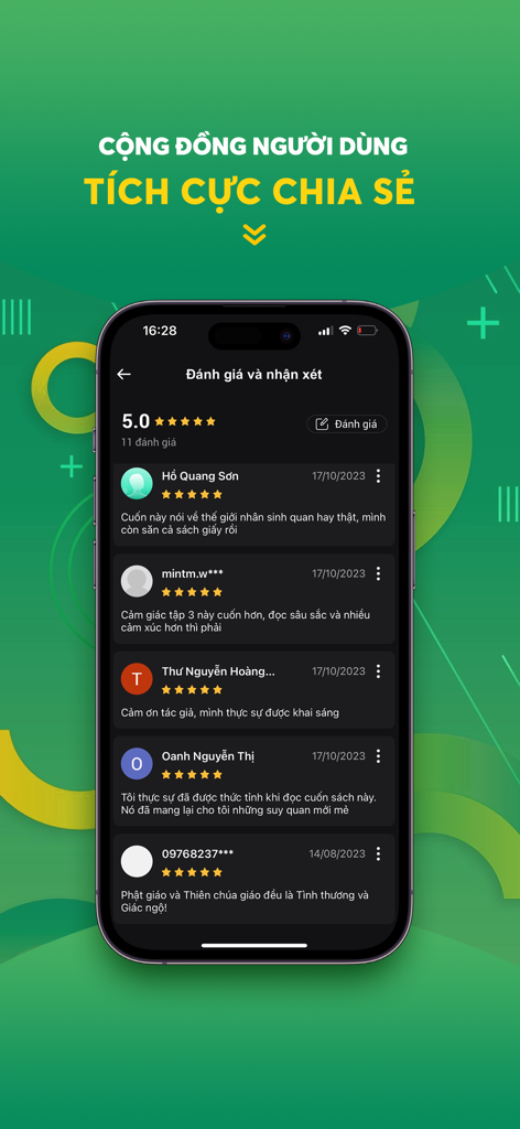 Waka 4.0 – Ebook & Audiobook - A mobile screen from the Waka 4.0 app displaying positive user ratings and community reviews for Vietnamese books and audiobooks.
