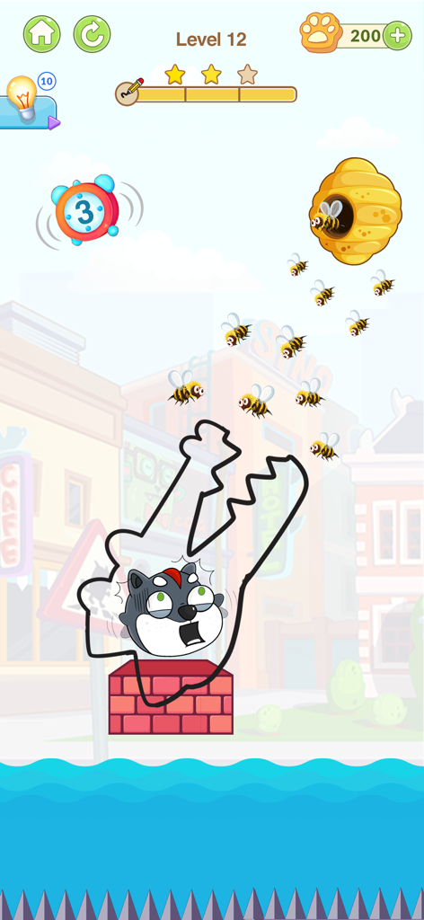 A logic puzzle level where a player draws a shield to protect a dog from attacking bees